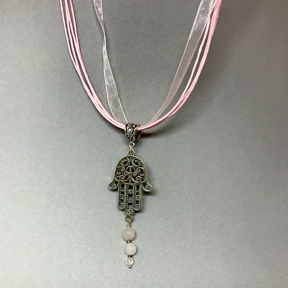 Fatima hand / Hamsa filigree necklace. Ribbon choker with pink gem beads